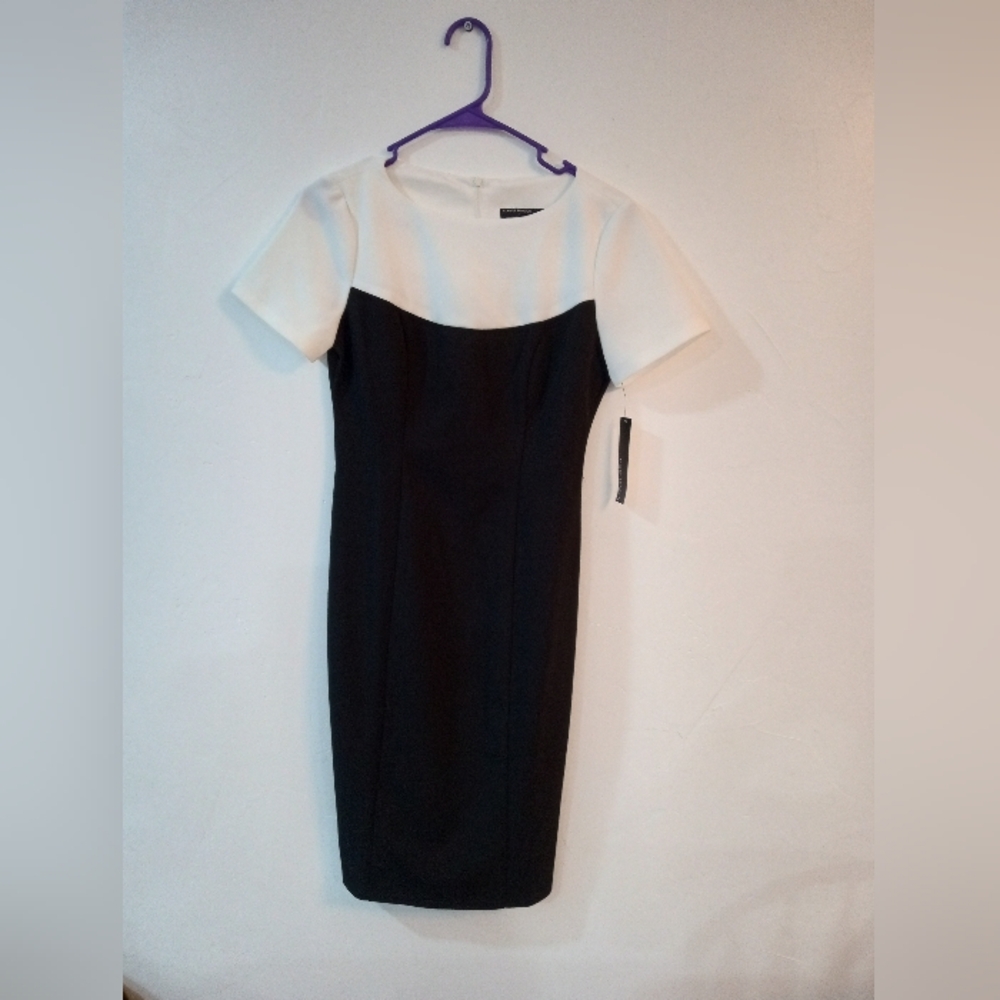 Maggy London Black and Cream Midi Sheath Dress with Flutter Sleeves